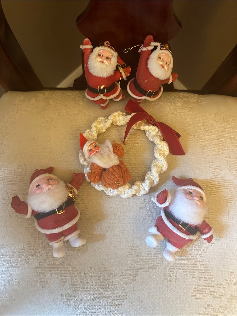 Lot of 5 1960s flocked celluloid Santa Christmas holiday ornaments